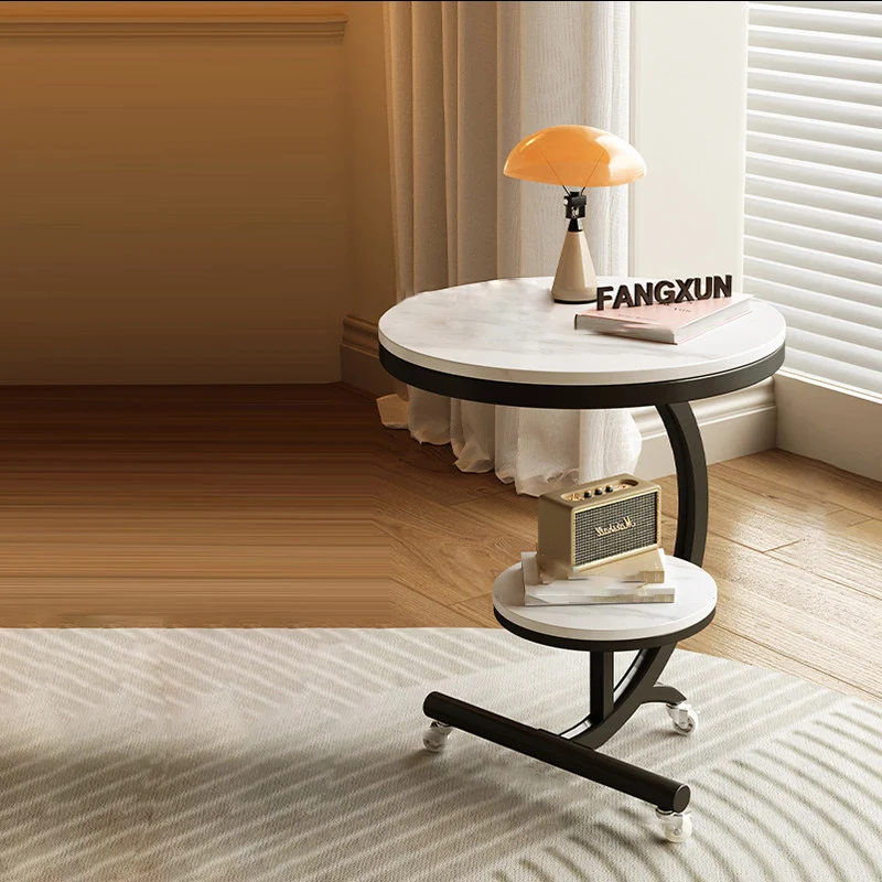 Modern Minimalist Rock Slab Carbon Steel Round Movable End Table 2-Tier For Living Room