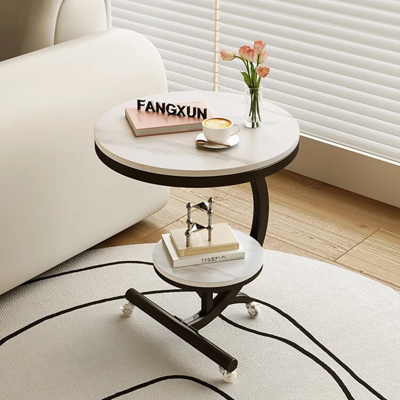 Modern Minimalist Rock Slab Carbon Steel Round Movable End Table 2-Tier For Living Room