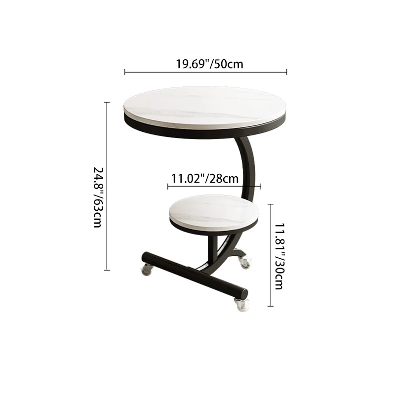 Modern Minimalist Rock Slab Carbon Steel Round Movable End Table 2-Tier For Living Room