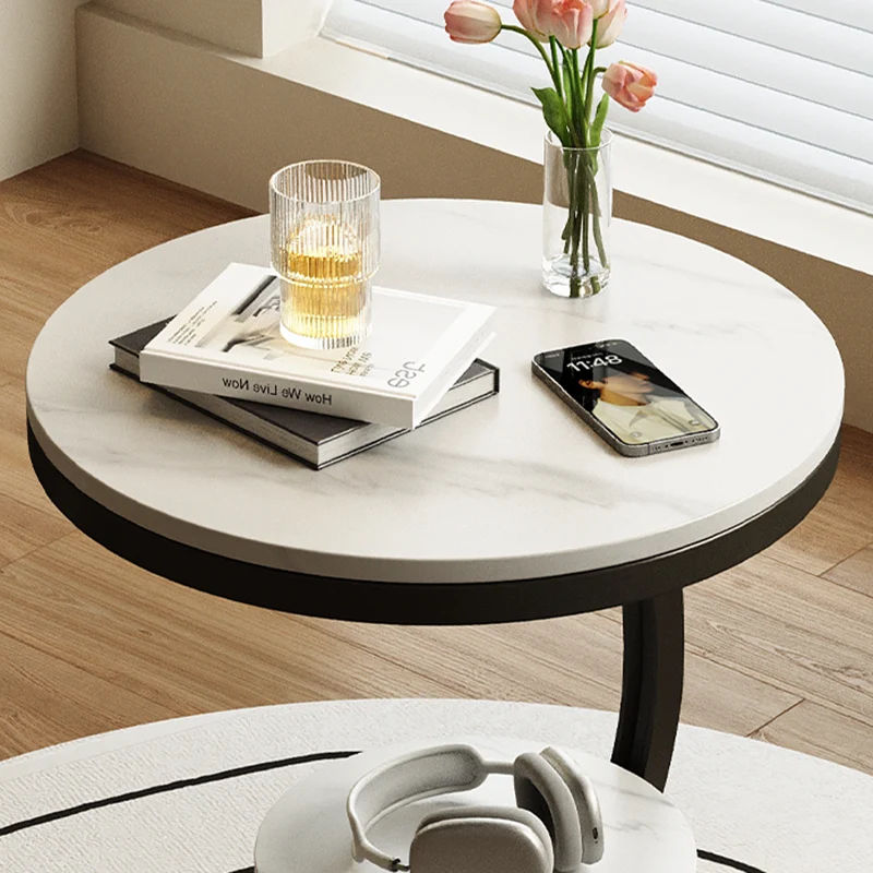 Modern Minimalist Rock Slab Carbon Steel Round Movable End Table 2-Tier For Living Room
