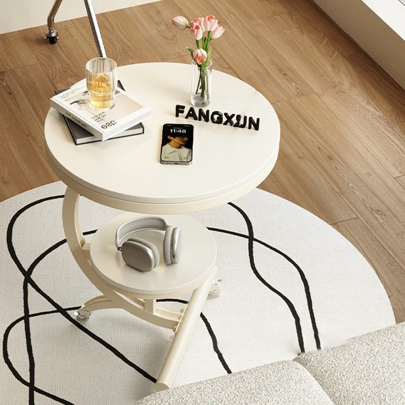 Modern Minimalist Rock Slab Carbon Steel Round Movable End Table 2-Tier For Living Room