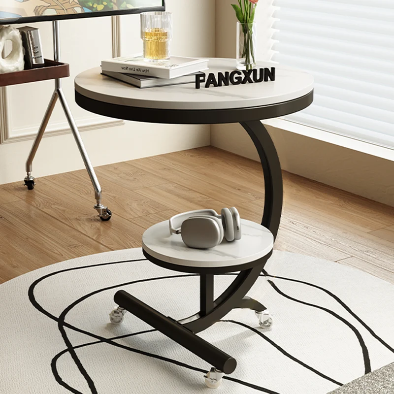 Modern Minimalist Rock Slab Carbon Steel Round Movable End Table 2-Tier For Living Room