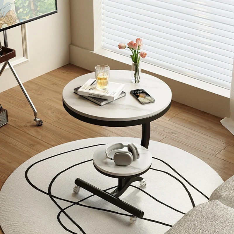 Modern Minimalist Rock Slab Carbon Steel Round Movable End Table 2-Tier For Living Room