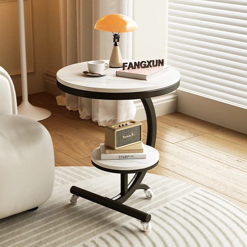 Modern Minimalist Rock Slab Carbon Steel Round Movable End Table 2-Tier For Living Room