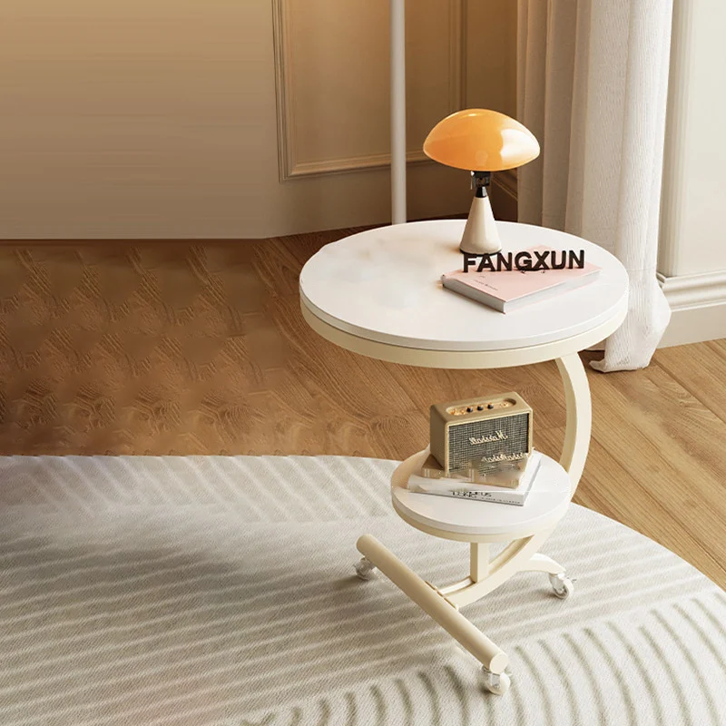Modern Minimalist Rock Slab Carbon Steel Round Movable End Table 2-Tier For Living Room