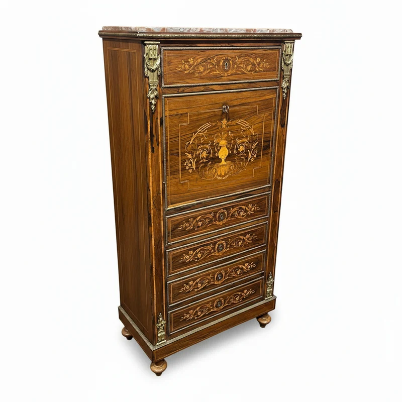French Louis XVI chiffonier, bronze marquetry, marble cover and red leather