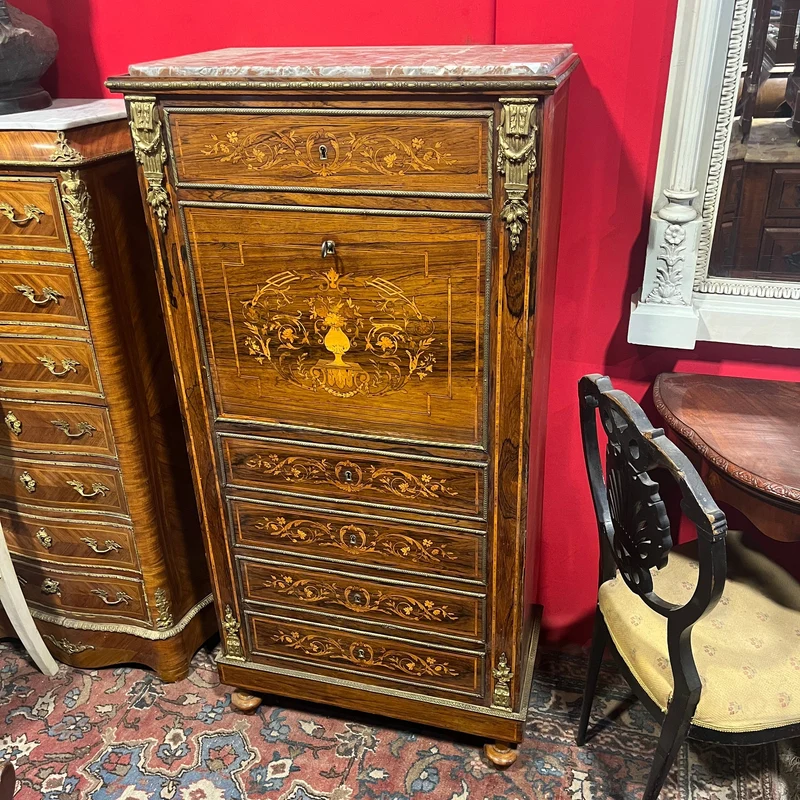 French Louis XVI chiffonier, bronze marquetry, marble cover and red leather