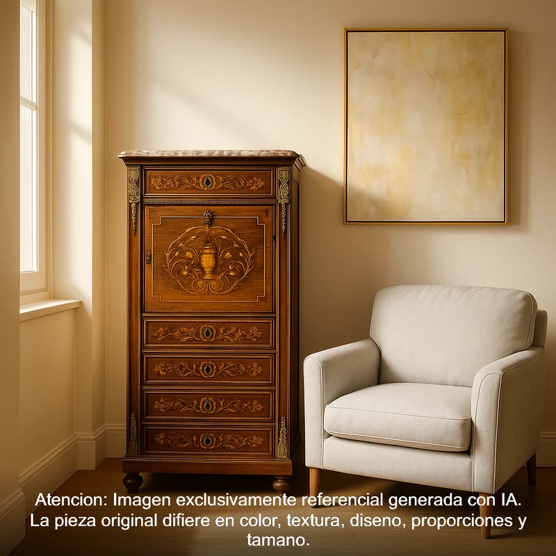 French Louis XVI chiffonier, bronze marquetry, marble cover and red leather