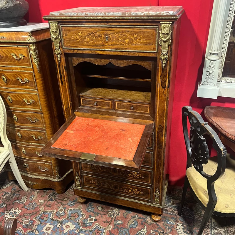 French Louis XVI chiffonier, bronze marquetry, marble cover and red leather