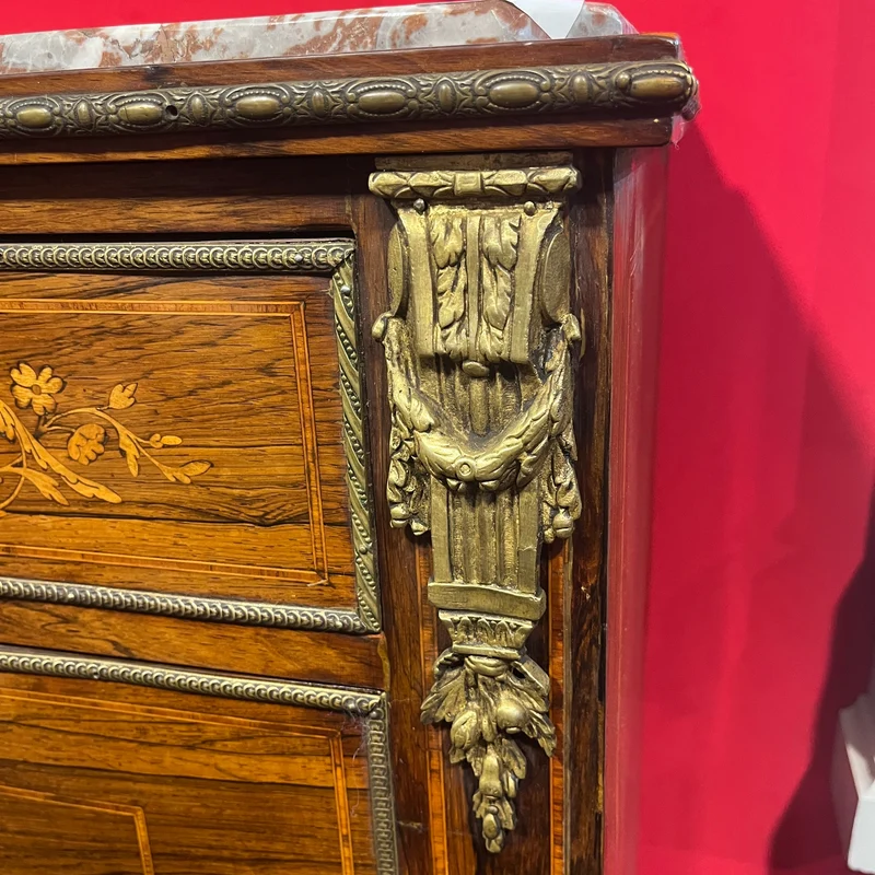 French Louis XVI chiffonier, bronze marquetry, marble cover and red leather
