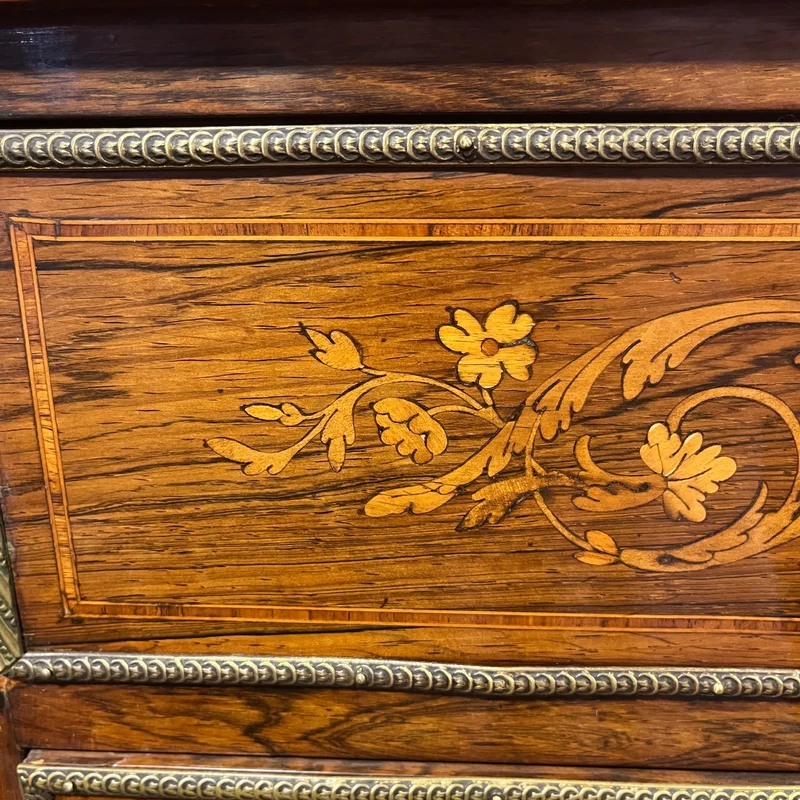 French Louis XVI chiffonier, bronze marquetry, marble cover and red leather