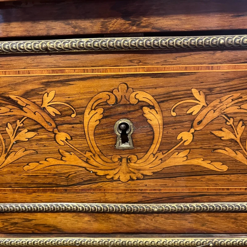French Louis XVI chiffonier, bronze marquetry, marble cover and red leather