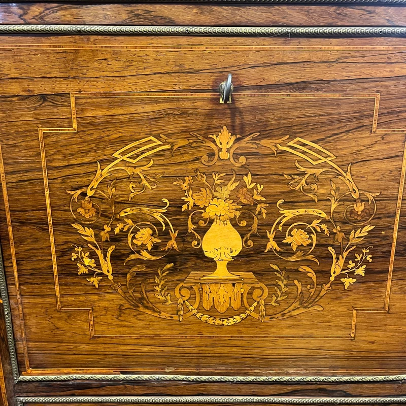 French Louis XVI chiffonier, bronze marquetry, marble cover and red leather
