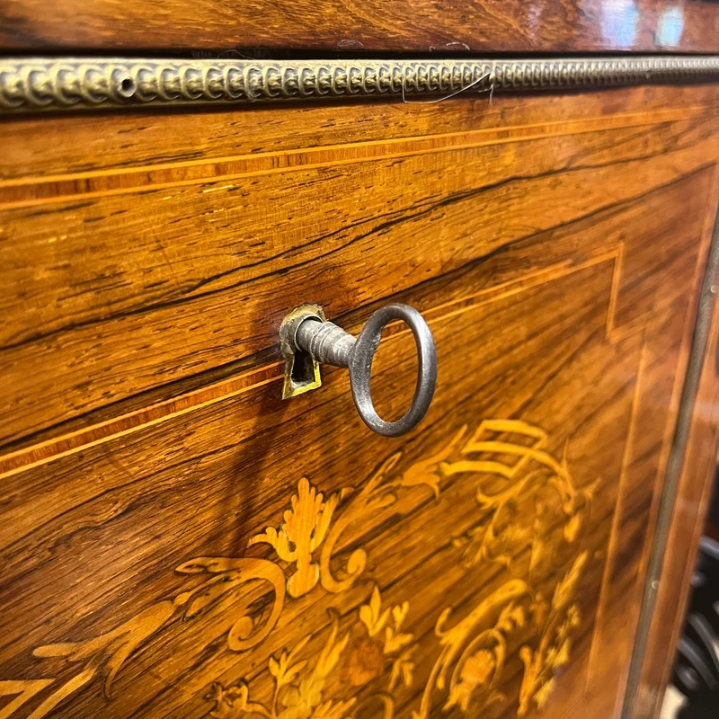 French Louis XVI chiffonier, bronze marquetry, marble cover and red leather
