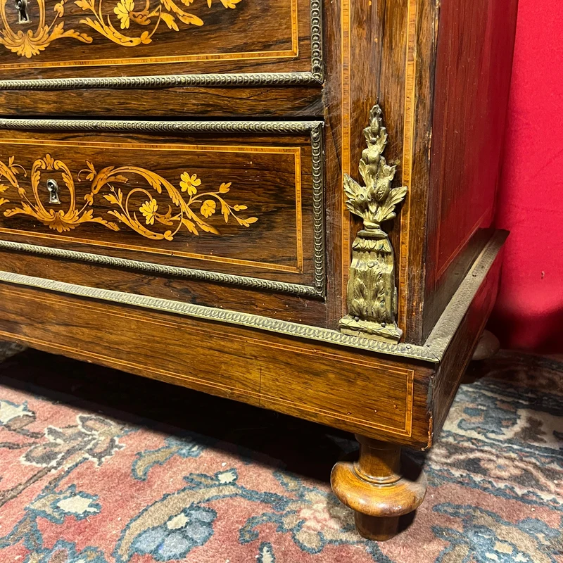 French Louis XVI chiffonier, bronze marquetry, marble cover and red leather