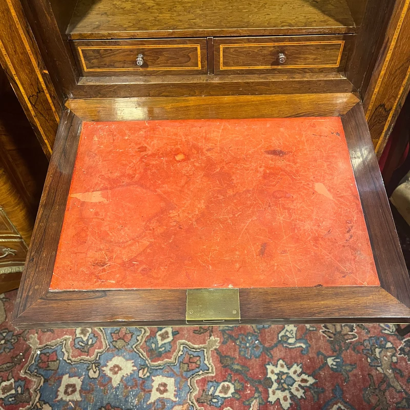 French Louis XVI chiffonier, bronze marquetry, marble cover and red leather