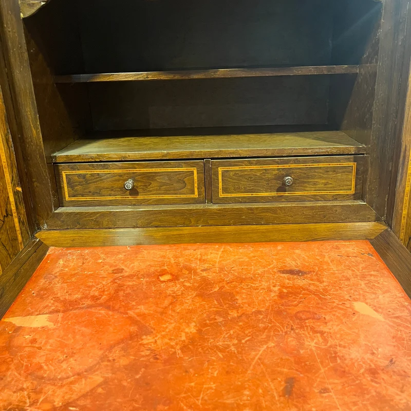 French Louis XVI chiffonier, bronze marquetry, marble cover and red leather