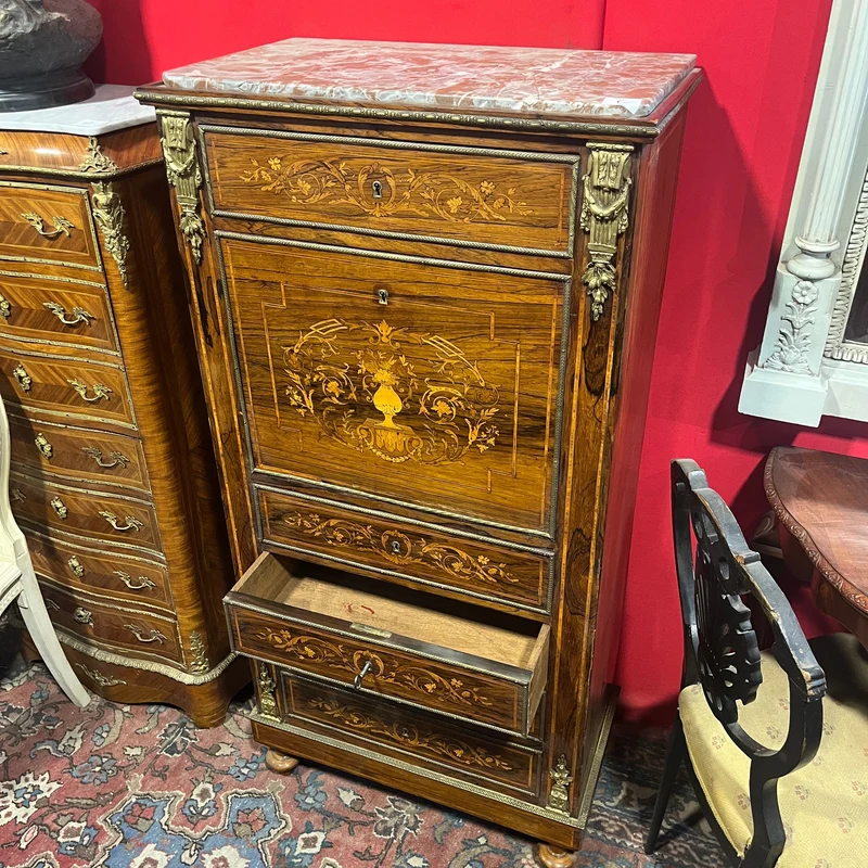 French Louis XVI chiffonier, bronze marquetry, marble cover and red leather