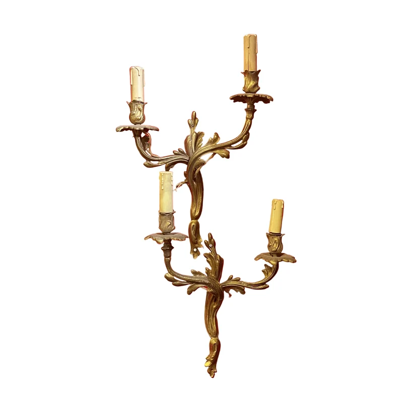 Pair of French Louis XV bronze two-light wall sconces