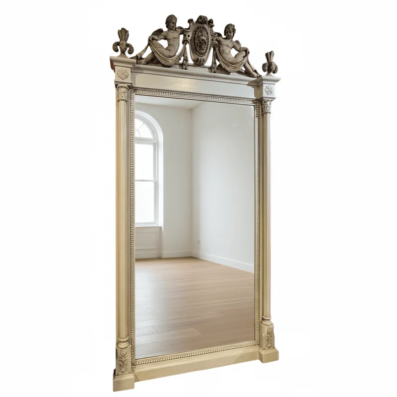 Italian beveled trumeau mirror with carved wood and cupids