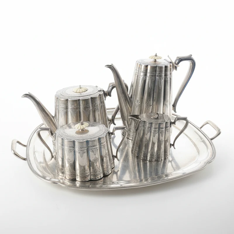 Sheffield pre-Art Nouveau English silver-plated tea set with ivory insulators and silver-plated tray, 5 pieces