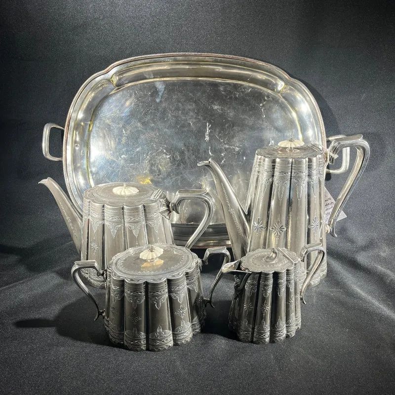 Sheffield pre-Art Nouveau English silver-plated tea set with ivory insulators and silver-plated tray, 5 pieces