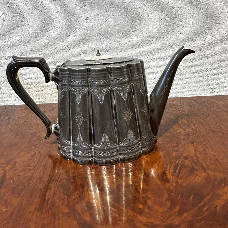 Sheffield pre-Art Nouveau English silver-plated tea set with ivory insulators and silver-plated tray, 5 pieces