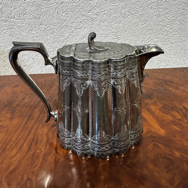Sheffield pre-Art Nouveau English silver-plated tea set with ivory insulators and silver-plated tray, 5 pieces