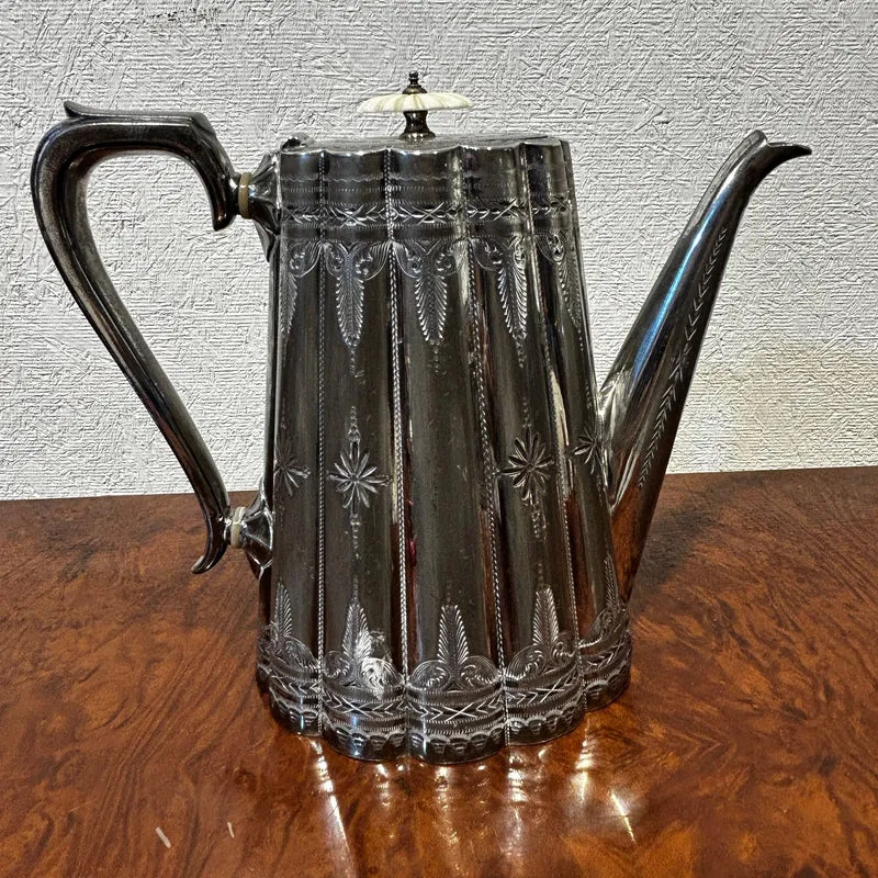 Sheffield pre-Art Nouveau English silver-plated tea set with ivory insulators and silver-plated tray, 5 pieces