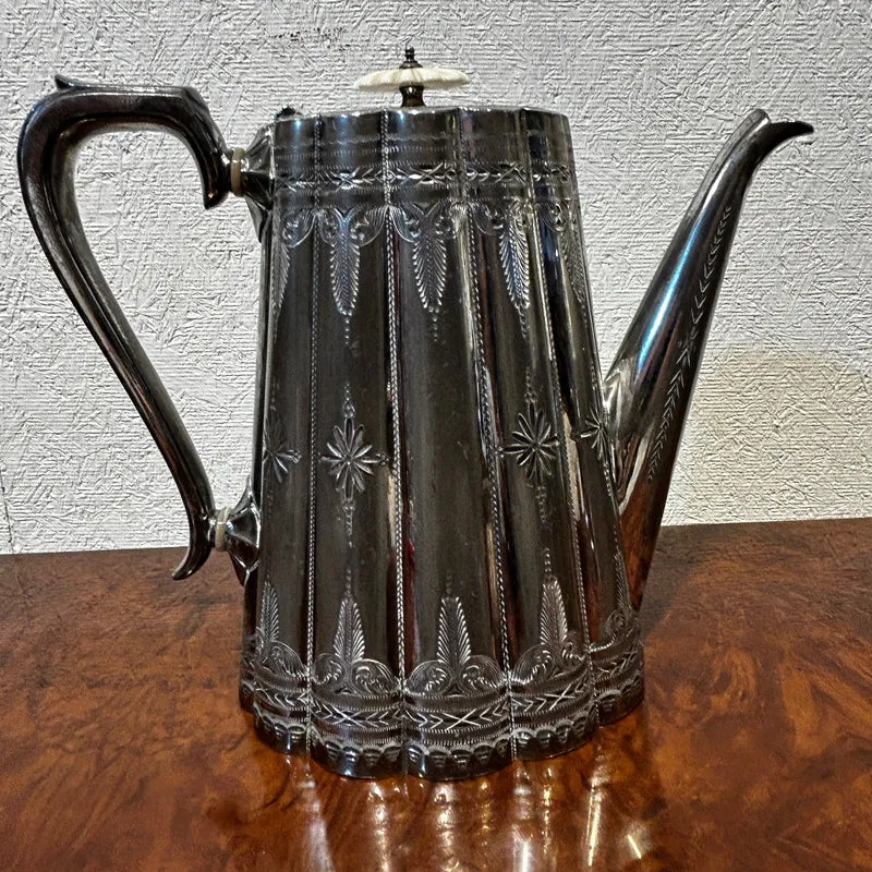 Sheffield pre-Art Nouveau English silver-plated tea set with ivory insulators and silver-plated tray, 5 pieces