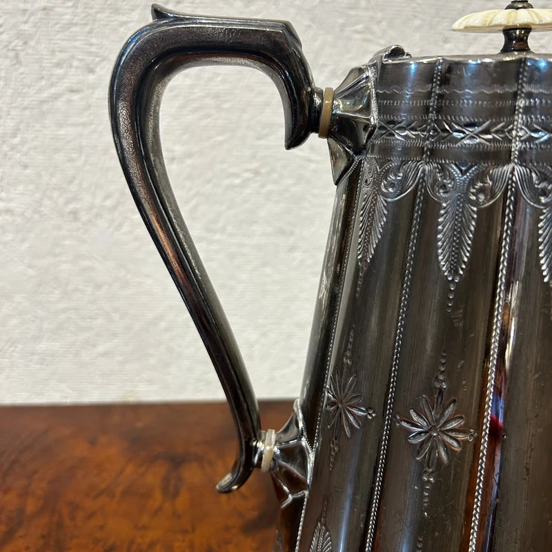 Sheffield pre-Art Nouveau English silver-plated tea set with ivory insulators and silver-plated tray, 5 pieces