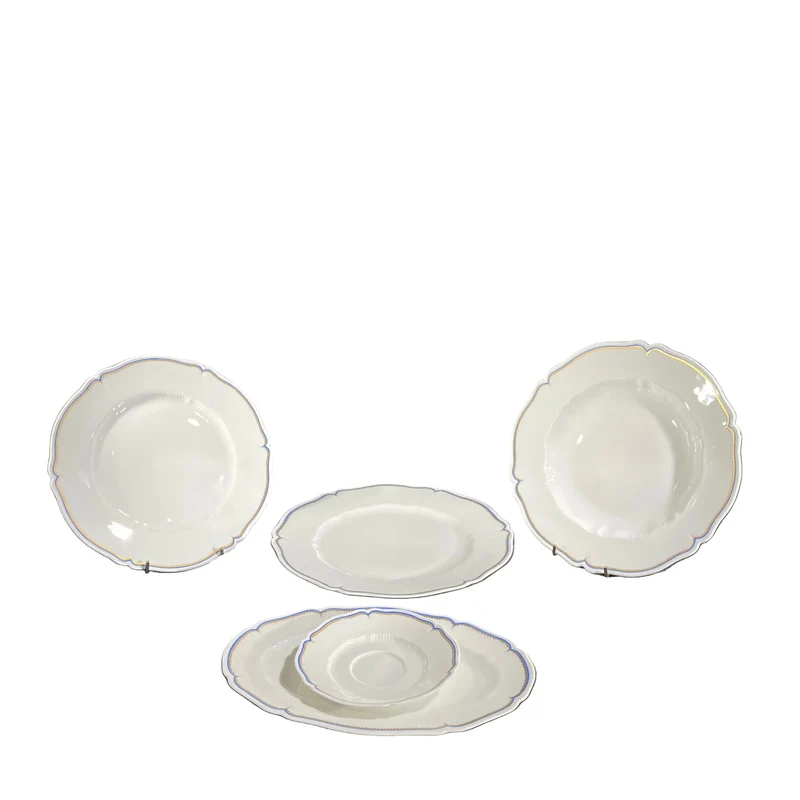 White Limoges Haviland French porcelain with blue rim and gold detail for 12 people