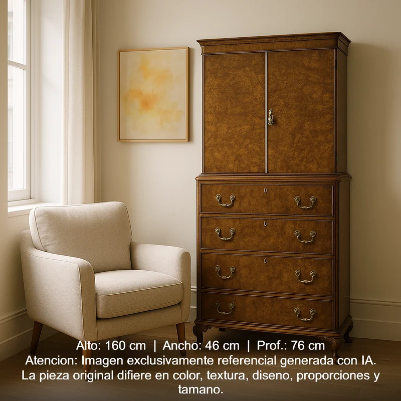 English Chippendale chiffonier cabinet in walnut and walnut burl, mid-20th century