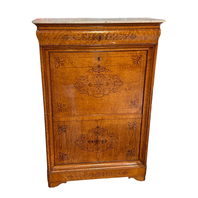 Chiffonier secretary with hinged lid in burl and marquetry in the Charles X style