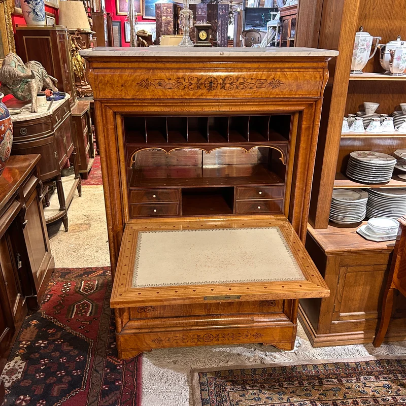 Chiffonier secretary with hinged lid in burl and marquetry in the Charles X style