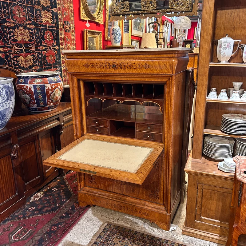 Chiffonier secretary with hinged lid in burl and marquetry in the Charles X style