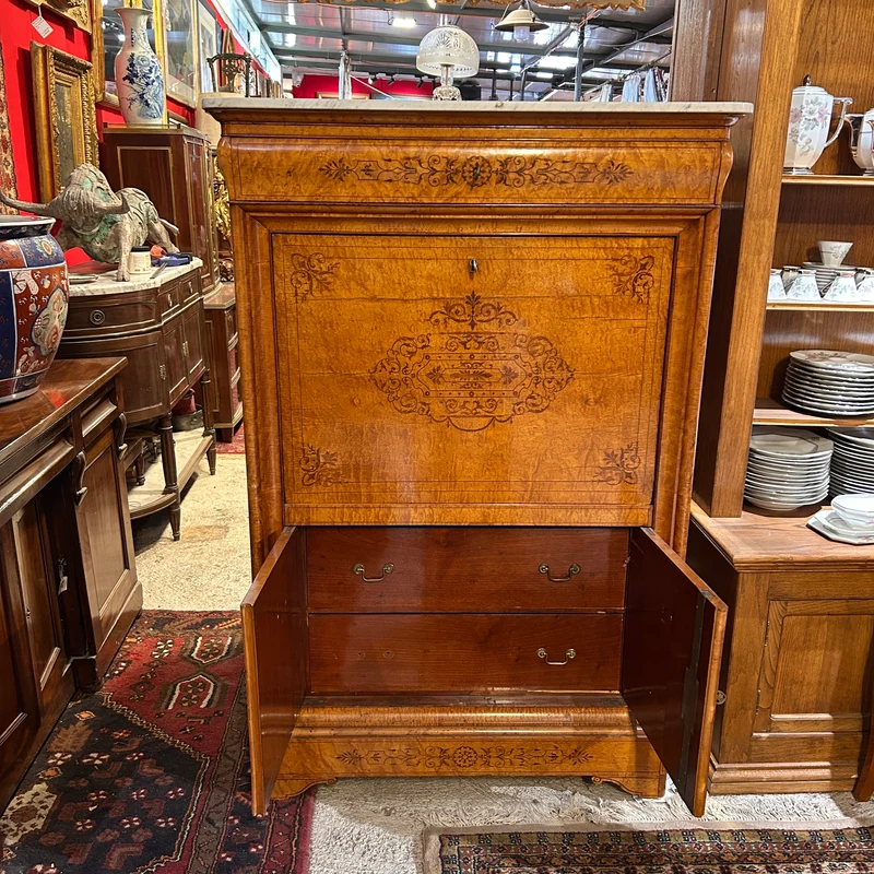 Chiffonier secretary with hinged lid in burl and marquetry in the Charles X style