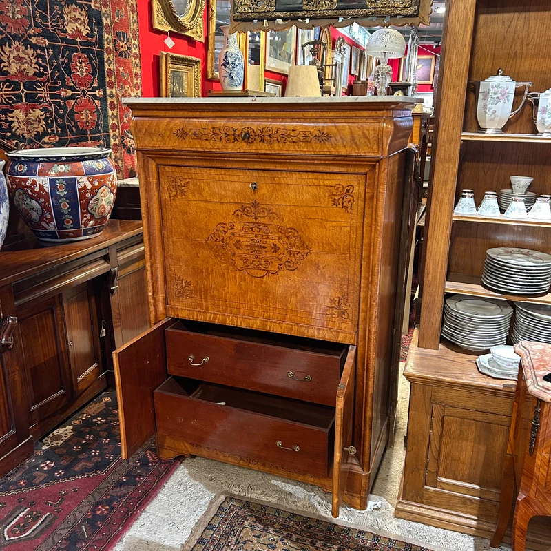 Chiffonier secretary with hinged lid in burl and marquetry in the Charles X style