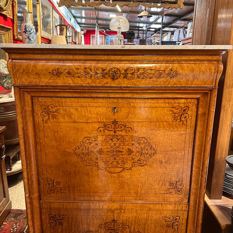 Chiffonier secretary with hinged lid in burl and marquetry in the Charles X style