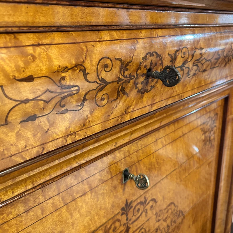 Chiffonier secretary with hinged lid in burl and marquetry in the Charles X style