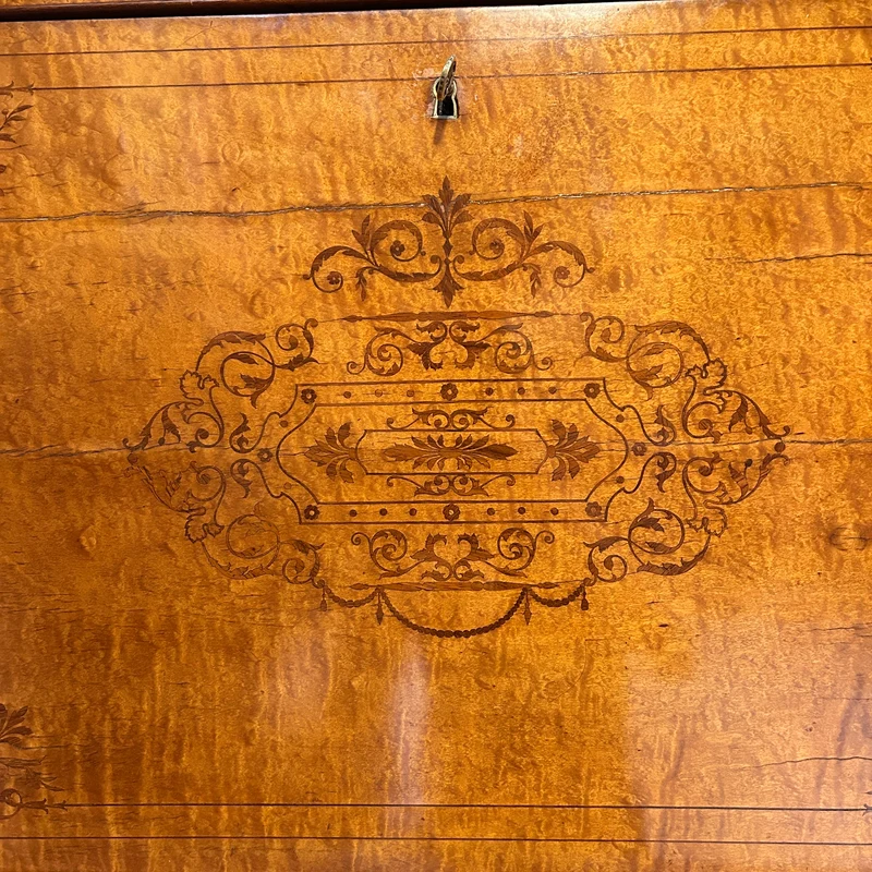 Chiffonier secretary with hinged lid in burl and marquetry in the Charles X style
