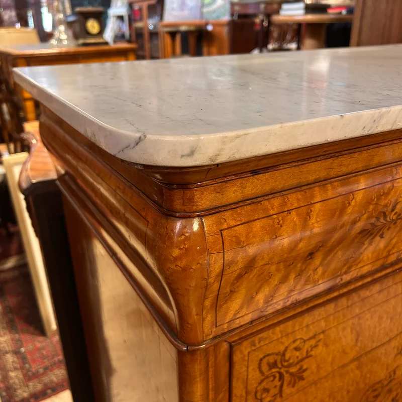 Chiffonier secretary with hinged lid in burl and marquetry in the Charles X style