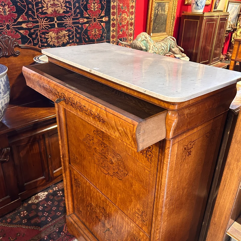 Chiffonier secretary with hinged lid in burl and marquetry in the Charles X style