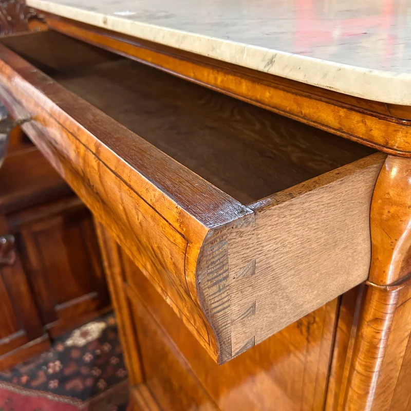 Chiffonier secretary with hinged lid in burl and marquetry in the Charles X style
