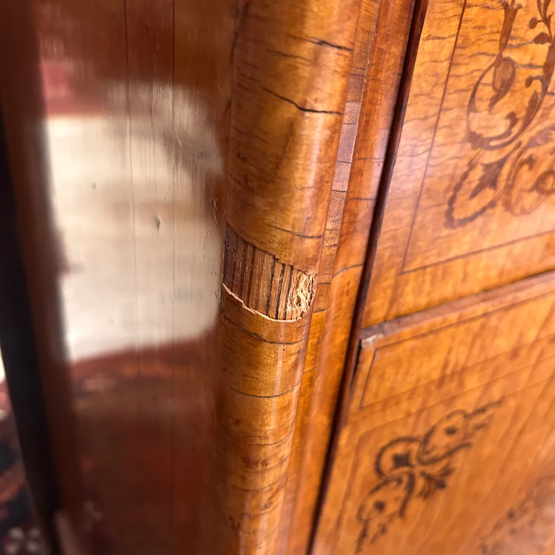 Chiffonier secretary with hinged lid in burl and marquetry in the Charles X style
