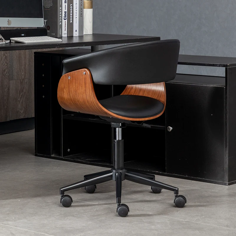 Modern Minimalist PU Leather Plywood Stainless Steel Iron Curved Ergonomic Adjustable Height Swivel Desk Chair With Backrest & Wheels For Home Office