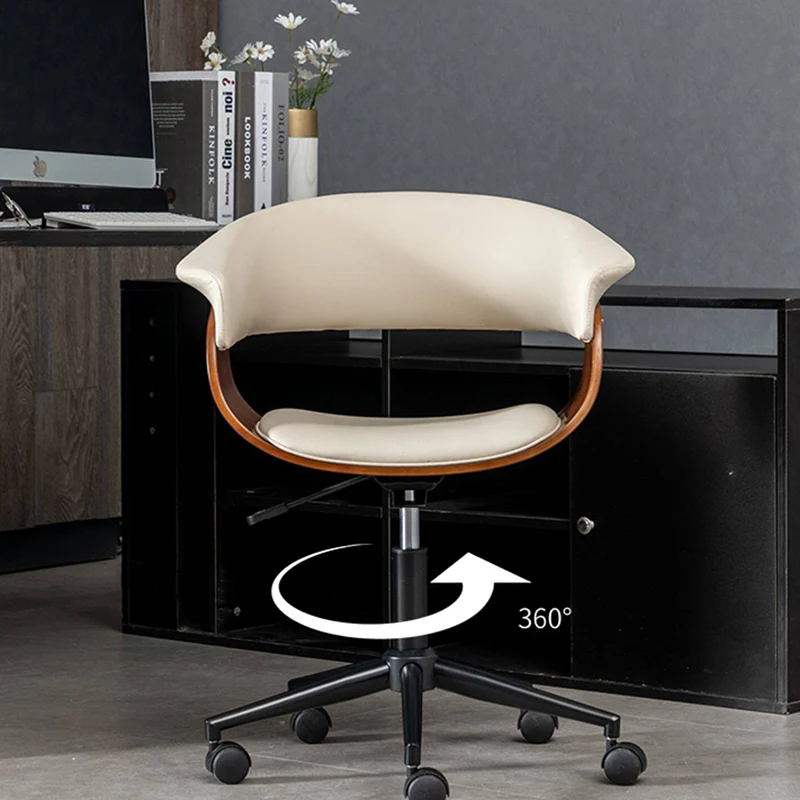 Modern Minimalist PU Leather Plywood Stainless Steel Iron Curved Ergonomic Adjustable Height Swivel Desk Chair With Backrest & Wheels For Home Office