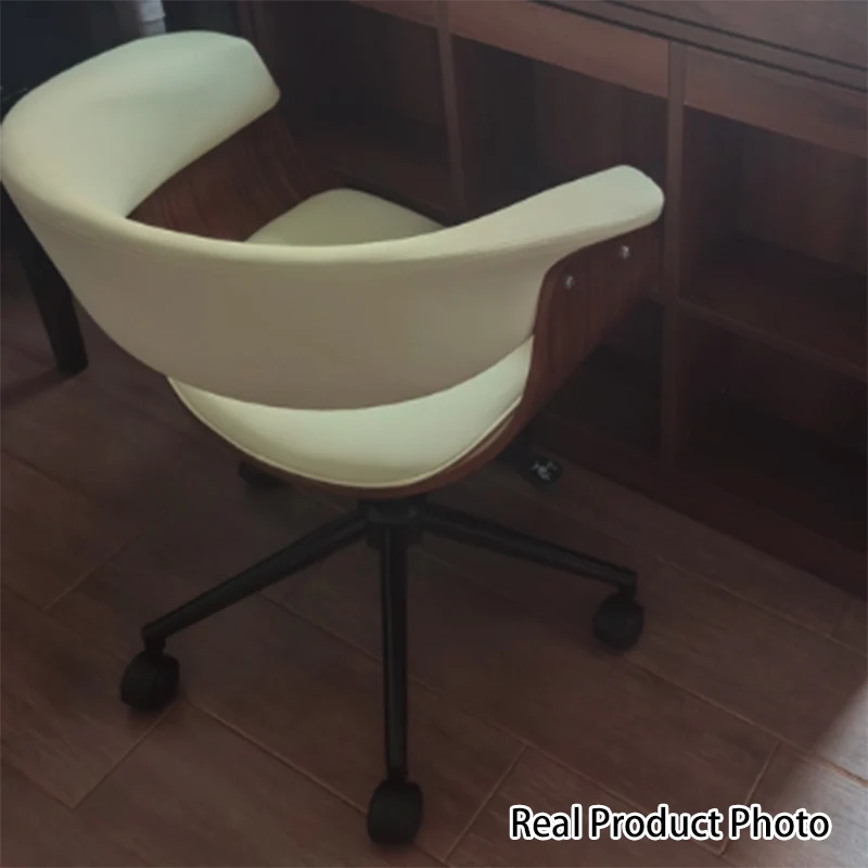 Modern Minimalist PU Leather Plywood Stainless Steel Iron Curved Ergonomic Adjustable Height Swivel Desk Chair With Backrest & Wheels For Home Office