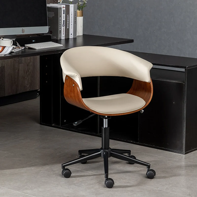 Modern Minimalist PU Leather Plywood Stainless Steel Iron Curved Ergonomic Adjustable Height Swivel Desk Chair With Backrest & Wheels For Home Office