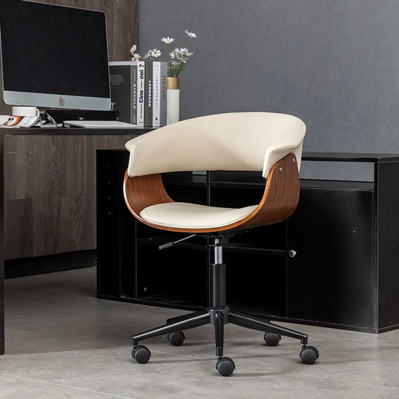 Modern Minimalist PU Leather Plywood Stainless Steel Iron Curved Ergonomic Adjustable Height Swivel Desk Chair With Backrest & Wheels For Home Office